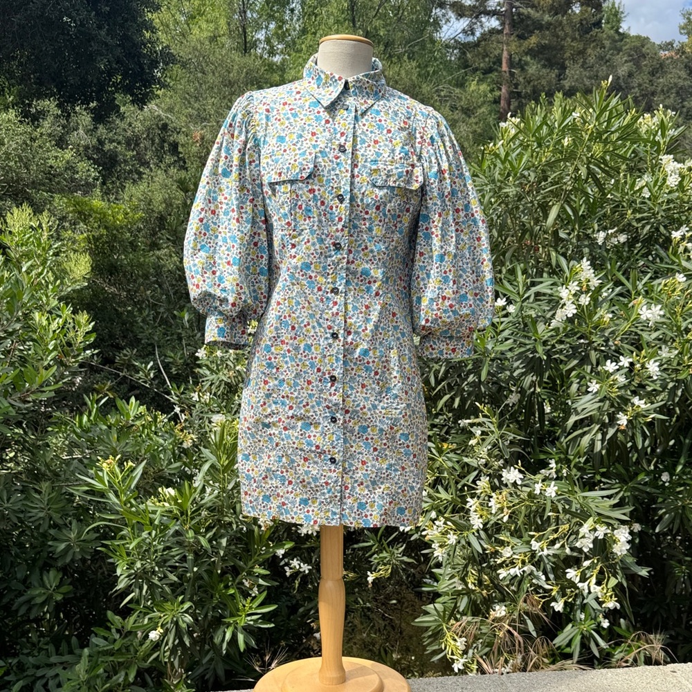 GANNI floral organic cotton puff-sleeve button-front mini dress - Picture 11 of 17